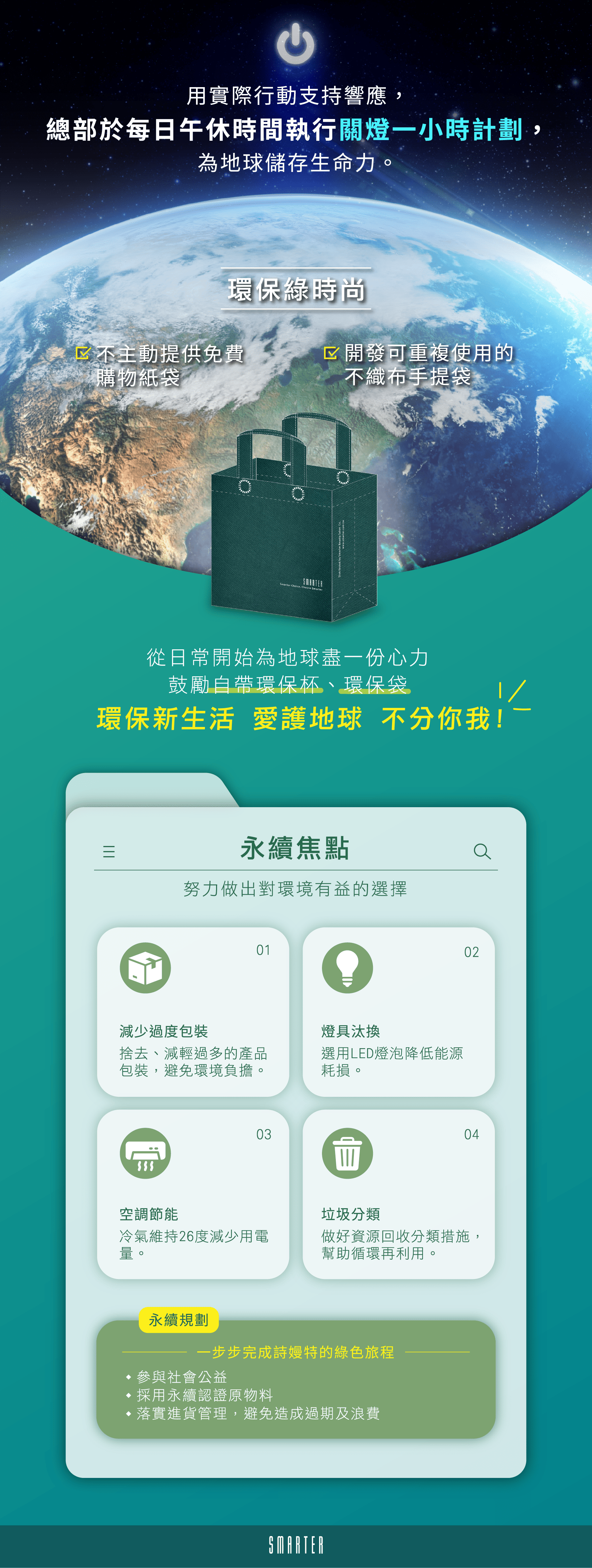 每日午休執行關燈一小時計劃，為地球儲存生命力；環保新生活、愛護地球、不分你我；永續焦點